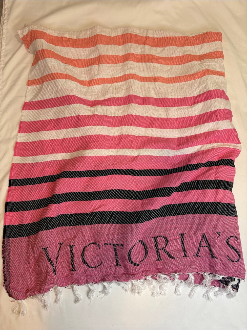 Victoria’s Secret 100% Cotton Striped Beach Blanket Throw Peach Pink Black VS